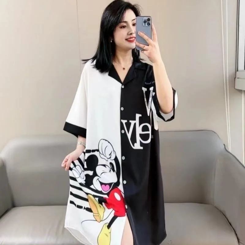 Ice Silk Pajama Dress Women Summer Short Sleeved 2024 New Cute Cat Oversized Fashion Wearing Maternity Shirt Skirt