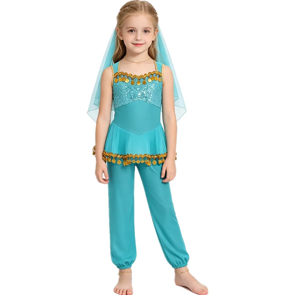 Kids Girls Arabian Princess Costume Sleeveless Shiny Sequin Tassel Mesh Jumpsuit Belly Dance Bodysuit for Halloween Carnival