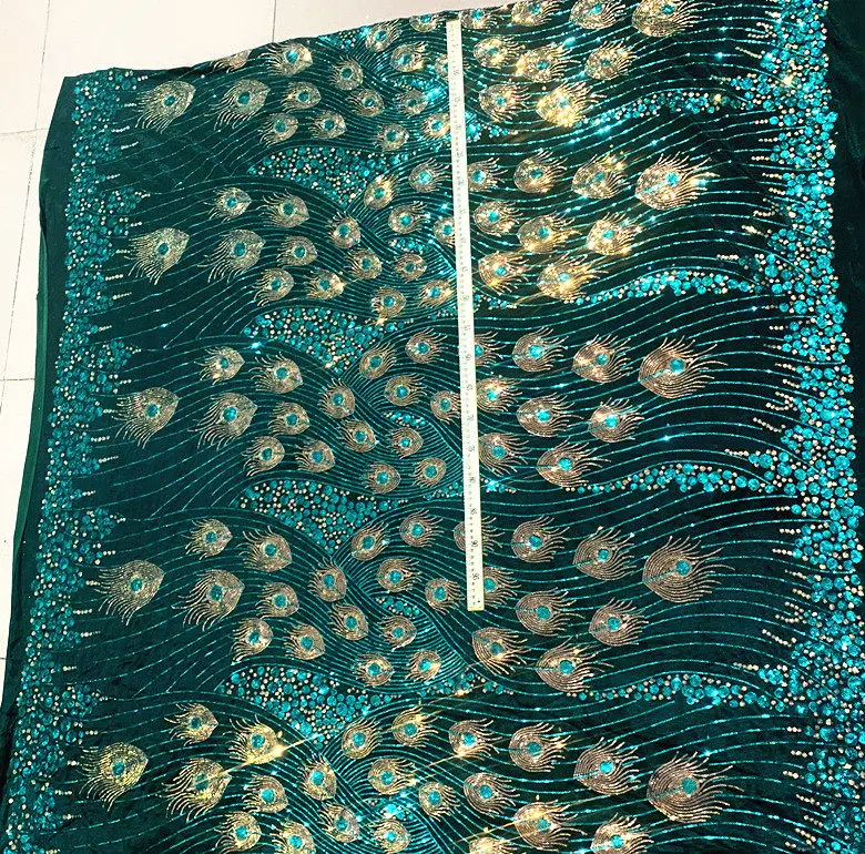 Embroidered Lace Flannel with Peacock Feather Sequin Fabric for Shining Wedding Dresses and Performance Attire