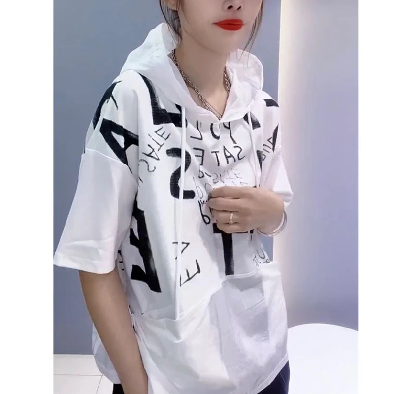 Summer New Fashion Letter Printed Hooded T-shirt Ladies Streetwear Loose Casual Pullover Tops Female Pocket Patchwork Tees Women