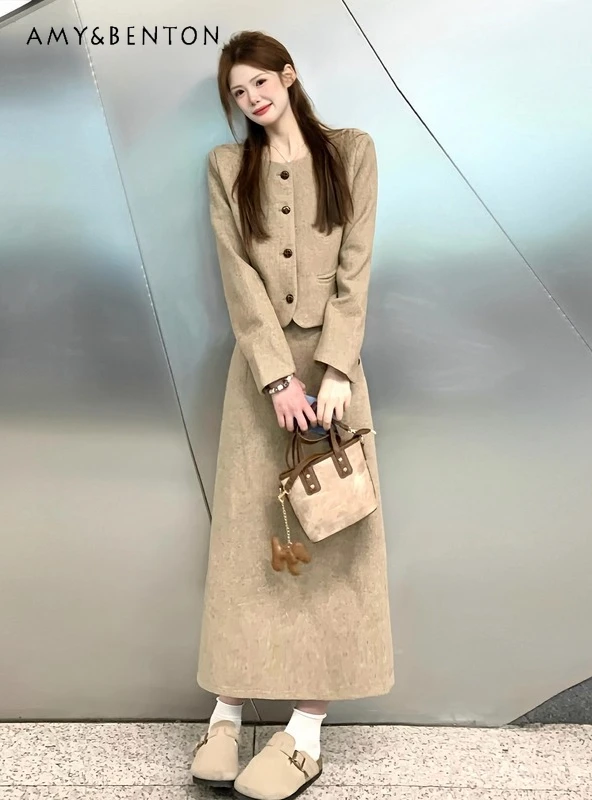 

2025 Spring and Autumn New French Style High Waist Khaki Short Single-Breasted Jacket and Mid-Length Skirt Two-Piece Set