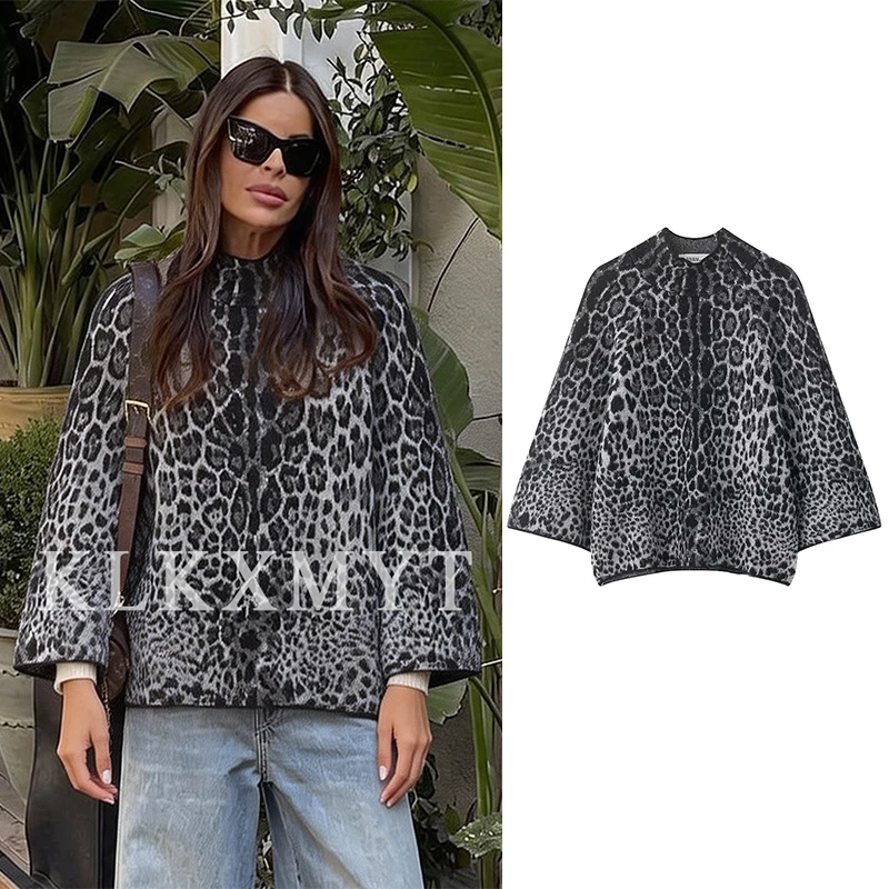 

Women's Leopard Print Pullover Jacket 2025 Fall Winter New Women Long Sleeve Loose Sweater Jackets Lady High Street Short Coats