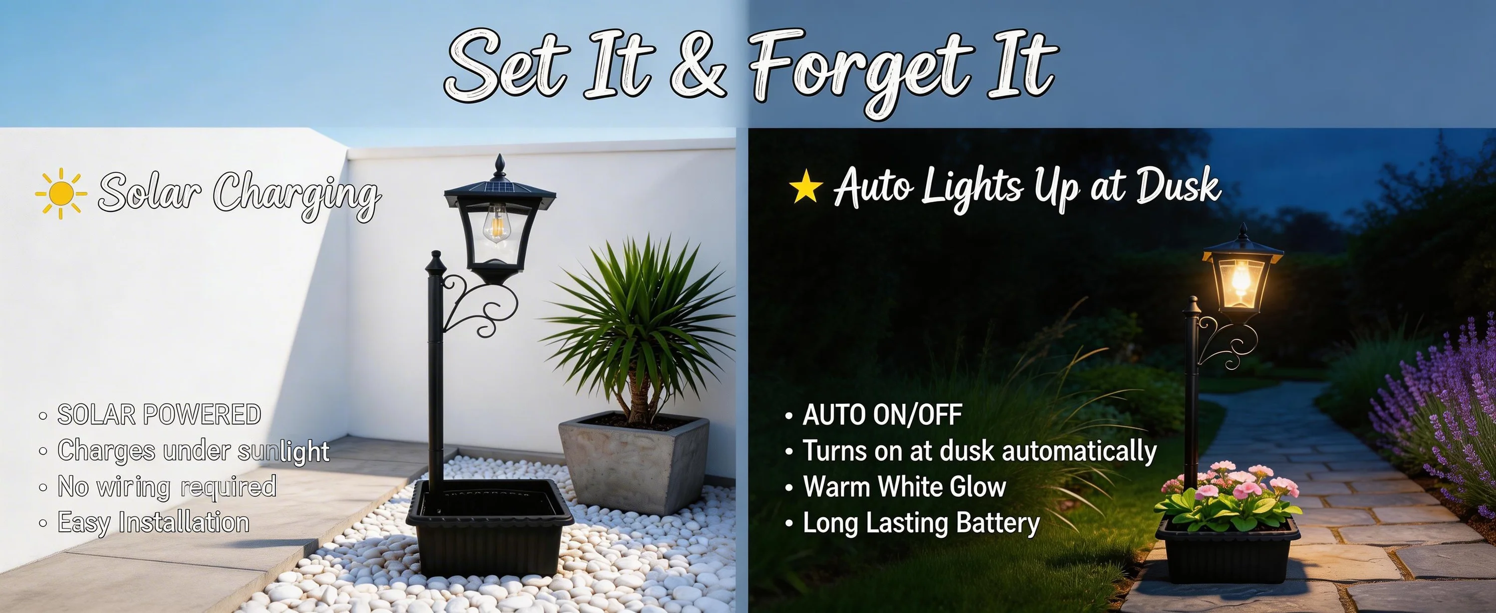 Solar Lamp Post Lights with Planter Box Outdoor, Waterproof Vintage Solar Lantern with Auto On/Off, Decorative LED Garden Light for Pathway Patio Porch