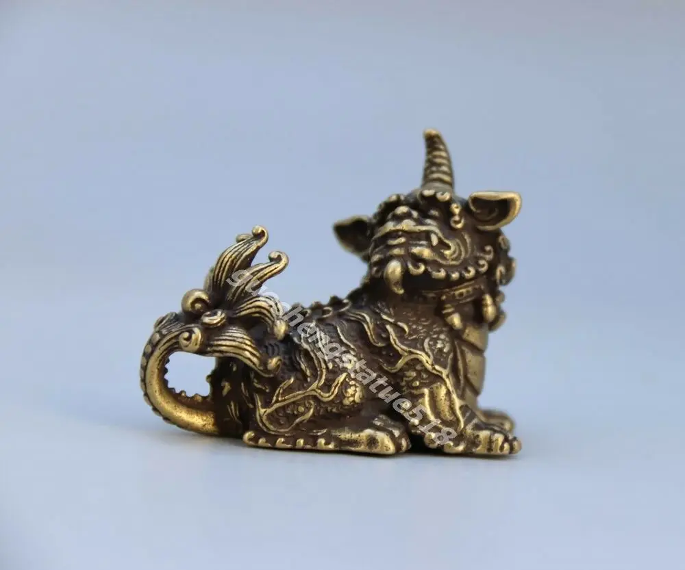 5 cm bronze riqueza chinesa animal besta foo cão leão qilin kylin licorne estátua