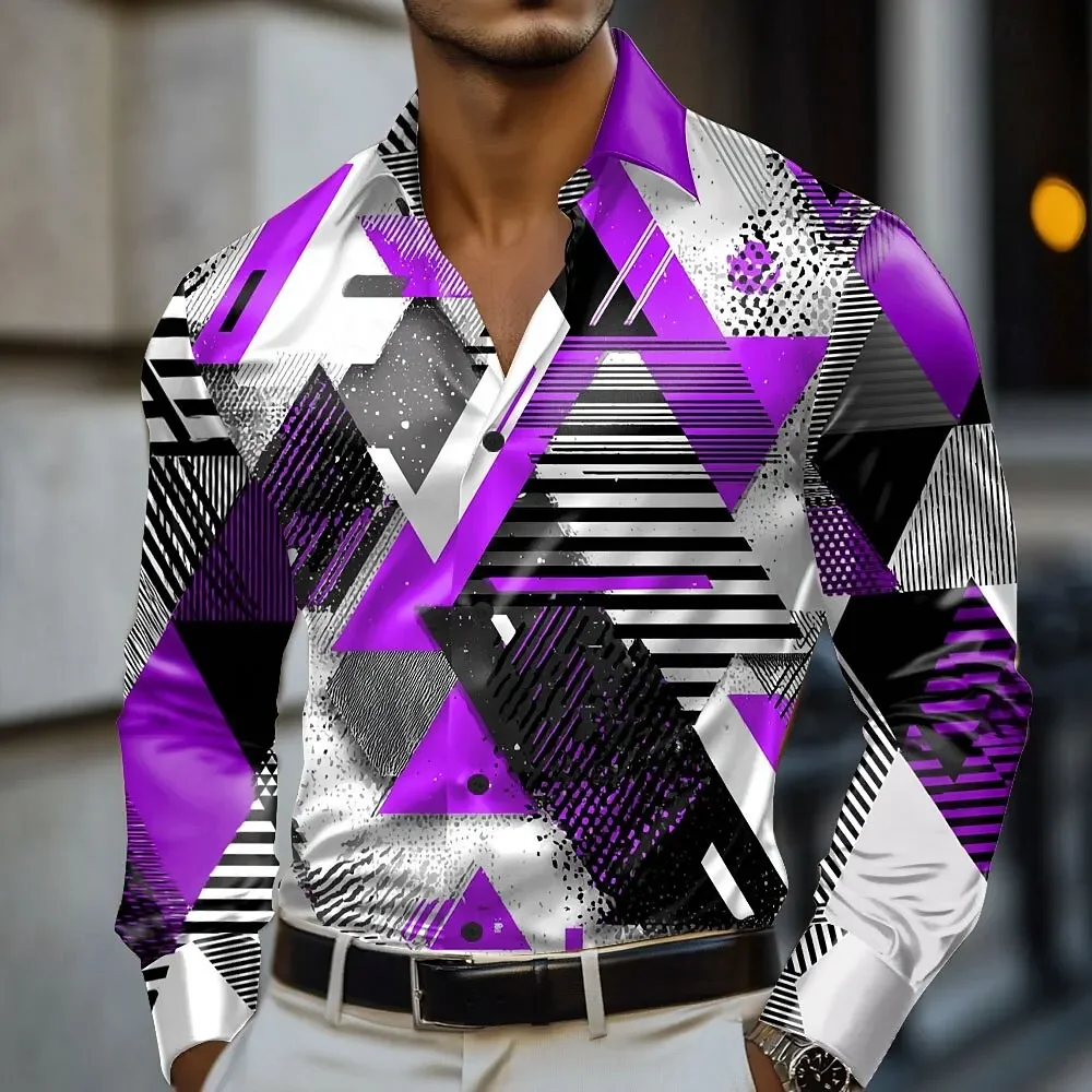 Men's Fashion Geometric Color Block 3D Printed Long-sleeved Lapel Shirt Business Casual Vacation Outdoor Top Shirt