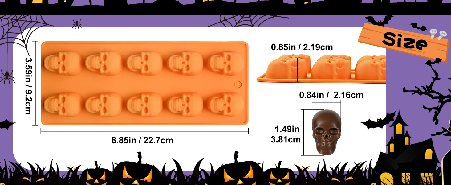 Totenkopf-Schokoladenformen, 2er-Pack Halloween Totenkopf-Süßigkeitenformen mit 20 Vertiefungen | Antihaft-Silikonform mit Totenkopfmotiv für Gummibärchen, Gelee und Eiswürfel – Detail 5
