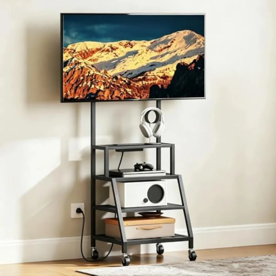 

Rolling TV Stand with Mount, Corner TV Console with Wheels Up to 50 Inch, Entertainment Center with Storage, Small TV Stand wit