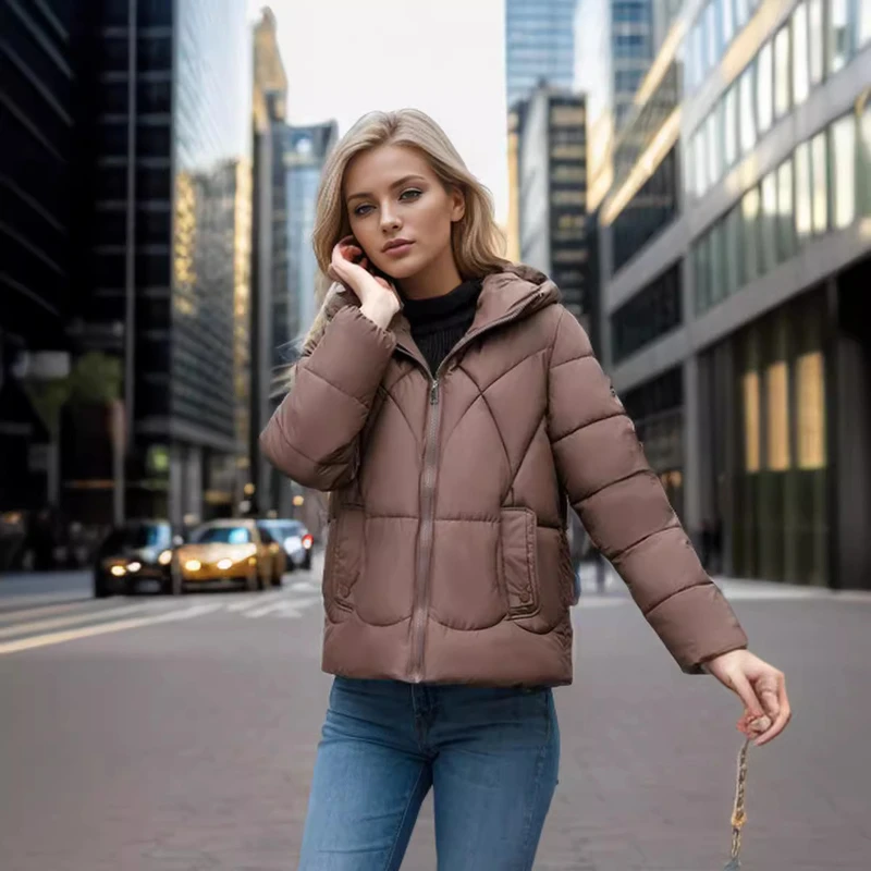 

2024 New Women's Fashion Slim Fit Light Filling Warm Jacket Office Lady Traf Winter Hooded Coat Women Elegant Thick Short Parkas