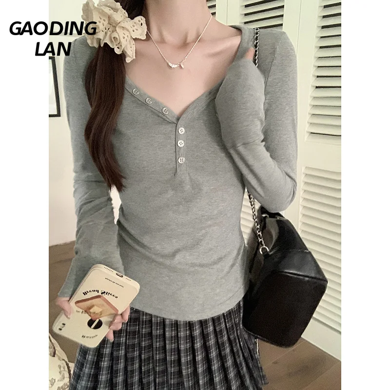 

GAODINGLAN Hottie Button V Neck Sexy Tops Women Long Sleeve Slim Bottom T Shirts Autumn Winter Solid Shoulder Straight Tees Lady