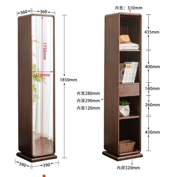 Solid Wood Dressing Mirror Simple Rotary Multifunctional Storage Organizer Full Body Floor Full-Length Mirror Cabinet