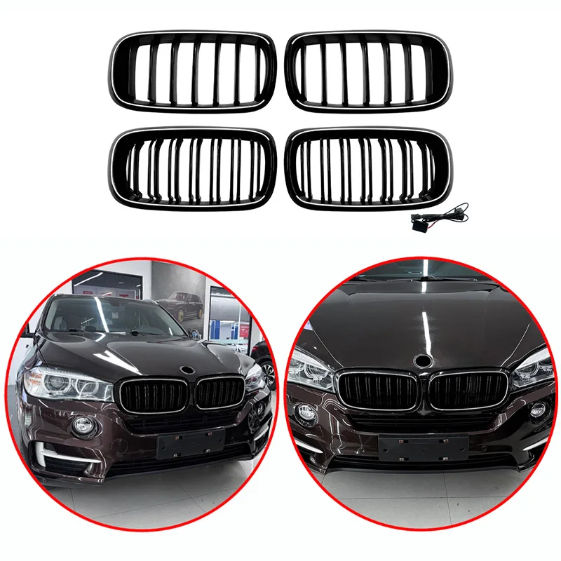 For BMW X5 F15 X6 F16 2014-2018 High Quality ABS Single Line & Double Lines LED Kidney Grille Front Racing Grills Gloss Black
