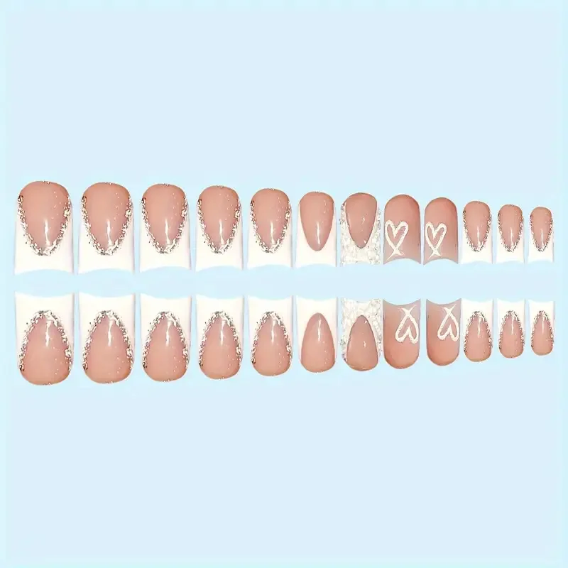 24 Pcs Medium Square False Nail Set with Glue Girls Sweet Heart White French Artificial Duck Nails Press Ons Acrylic Nail Tips