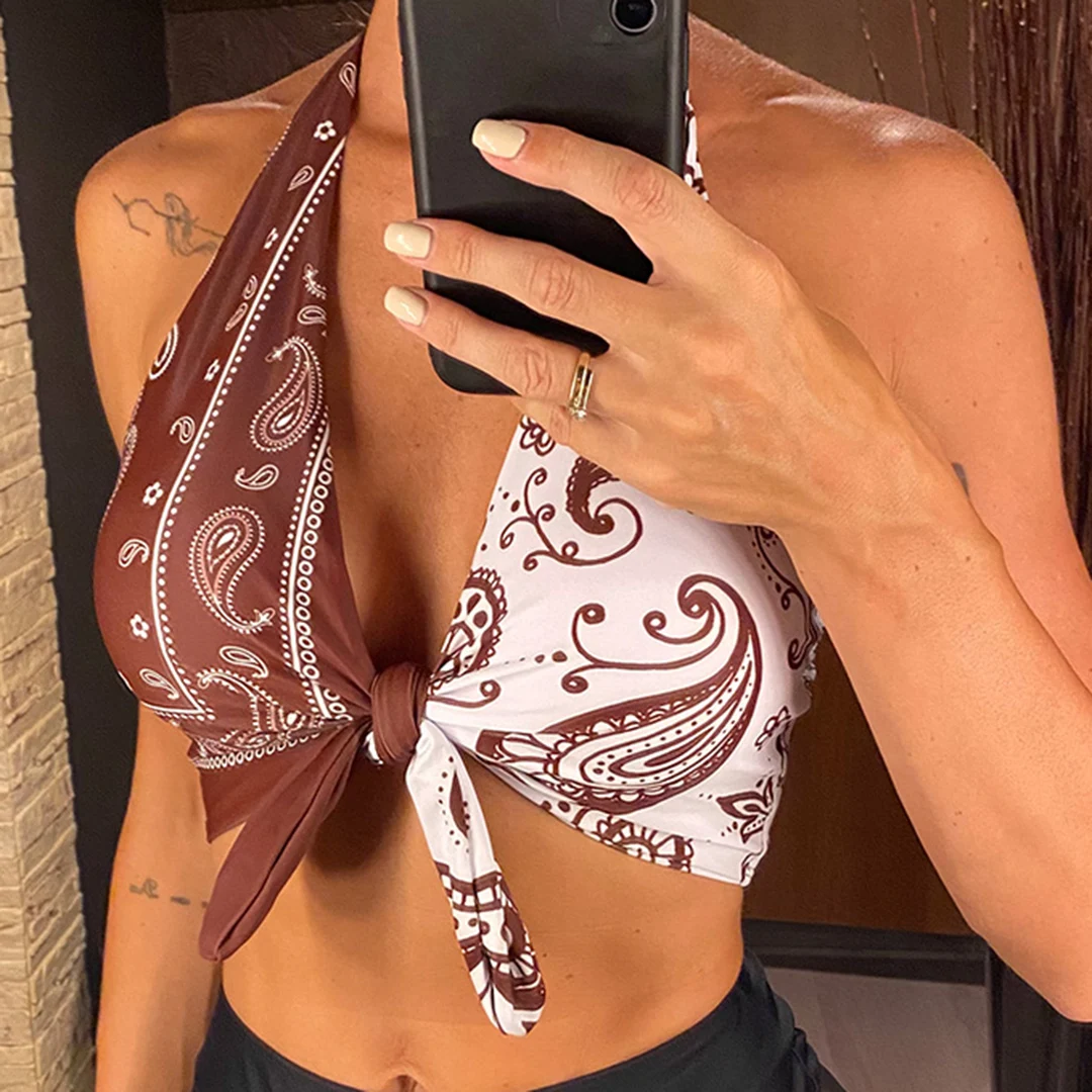 XS - L Sexy bedrucktes, gespleißtes Neckholder-Bikini-Oberteil mit Knoten, Damen-Badeanzug, Badebekleidung, Badeanzug, Strand-Oberteil V5817 – Detail 3