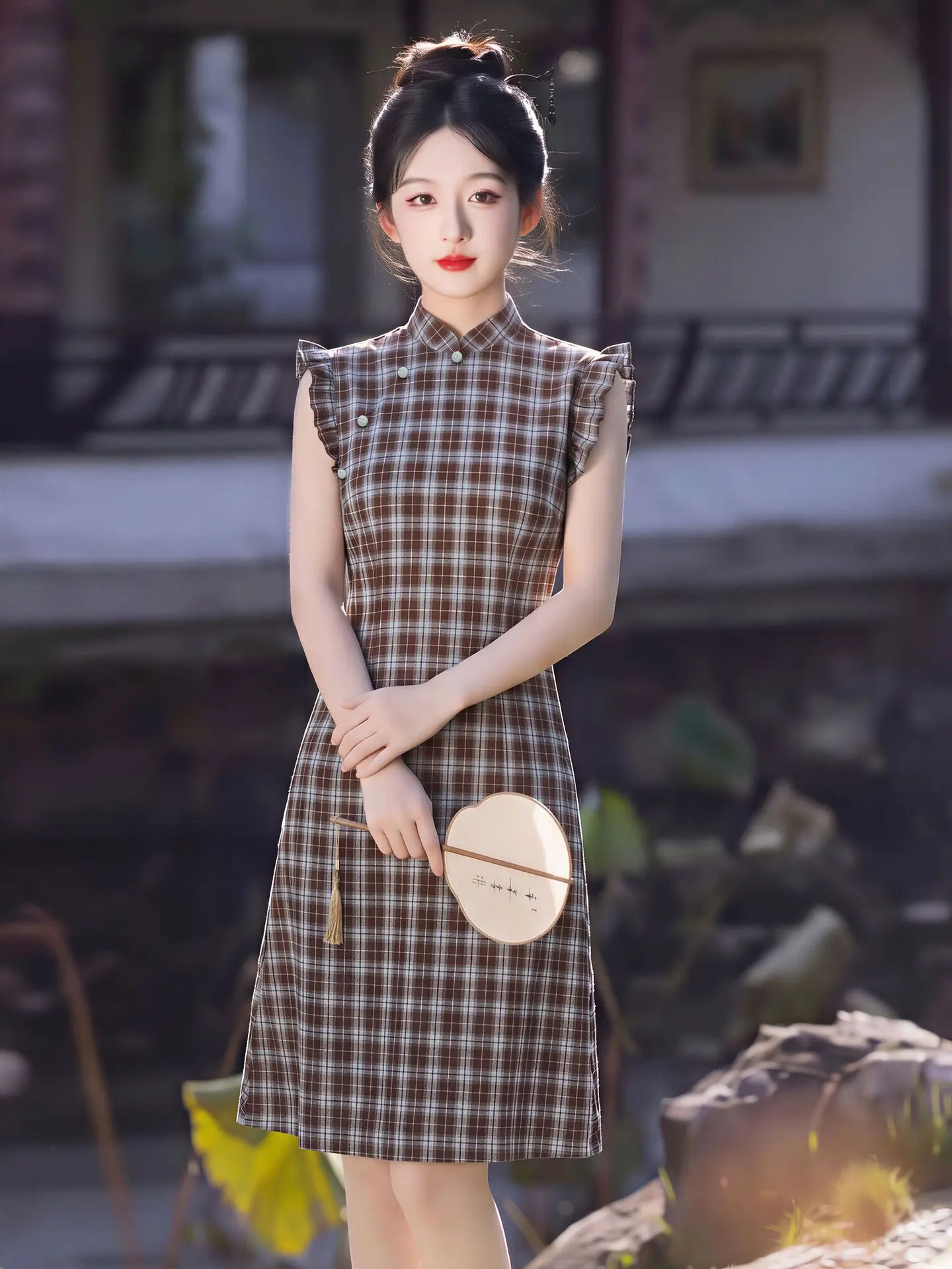 cheongsam-d'ete-retro-a-carreaux-coupe-trapeze-style-artistique-pour-jeunes-usage-quotidien-style-chinois