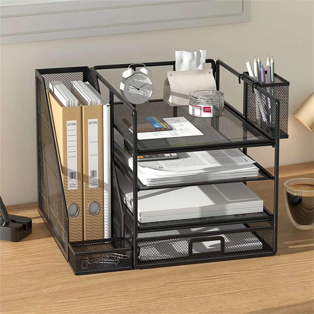 

Desk Organizer With File Holder, 4-TIER Letter Tray Organizer With Sliding Drawer And 1 Pen Holder, Metal Mesh Desktop Organizer