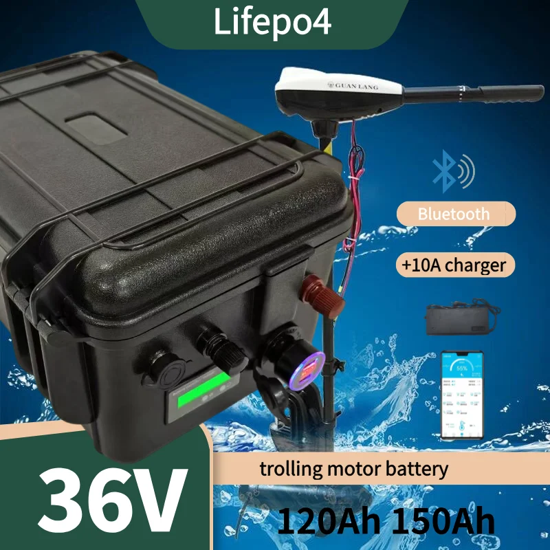 

Waterproof IP67 36V lifepo4 100Ah 120Ah 150Ah with bms for trolling motor fishing boats EV RV + 10A charger