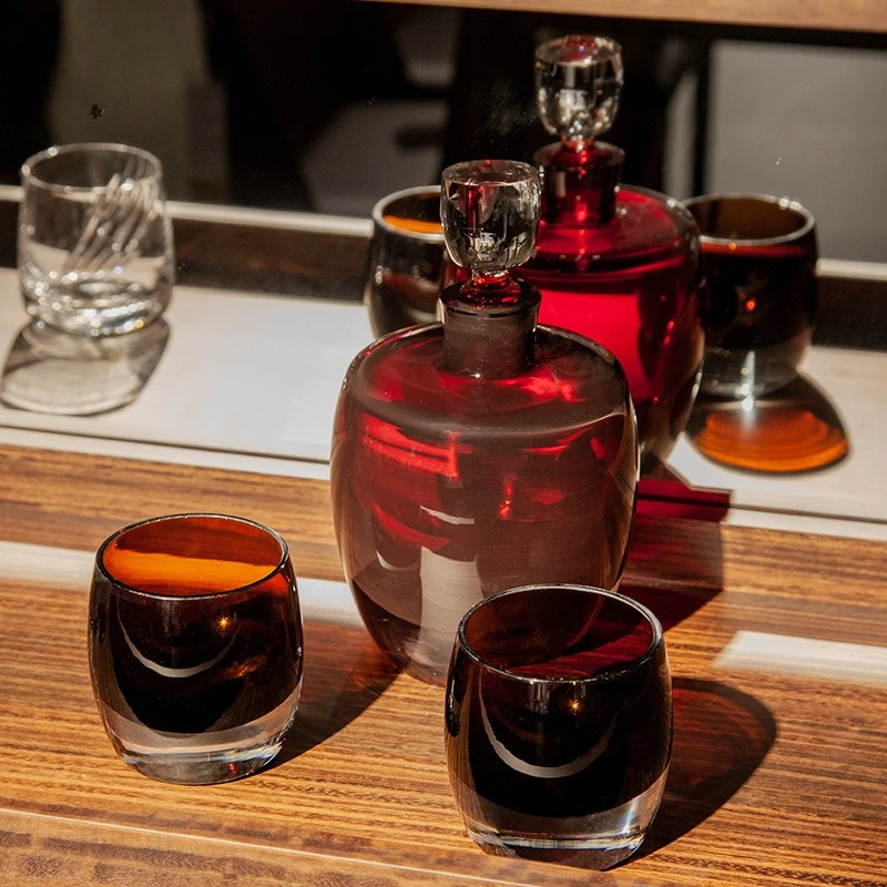 Premium red crystal wine set, a pot of 2 cups set, modern art thick-bottomed handmade glass wine jug