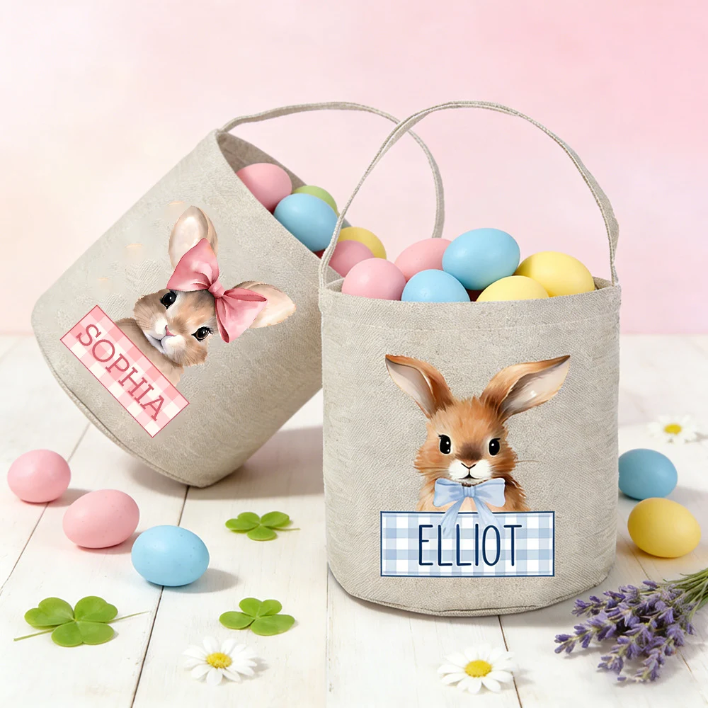 

Personalized Easter Tote Bag Custom Name Bow Bunny Pattern Design Bag Kids Easter Egg Hunts Bucket Bunny Bags Easter Party Totes