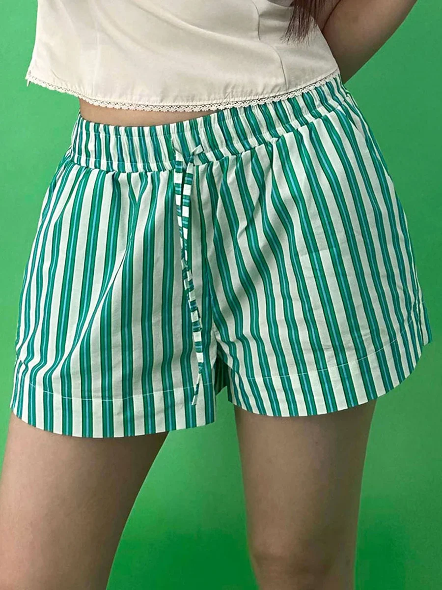 Shorts de fenda lateral listrado feminino, cintura elástica, calça curta fina, pijama casual, lazer na praia, verão