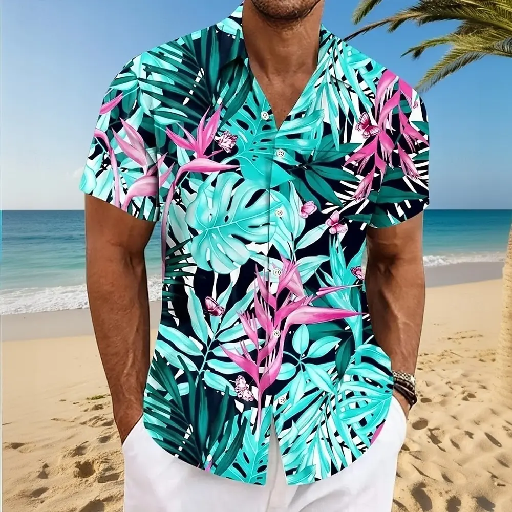 

Men's Butterfly Palm Leaf Tropical Plants Summer Hawaiian Shirt Button Up Shirt Aloha Shirt Short Sleeve Summer Front One Pocket