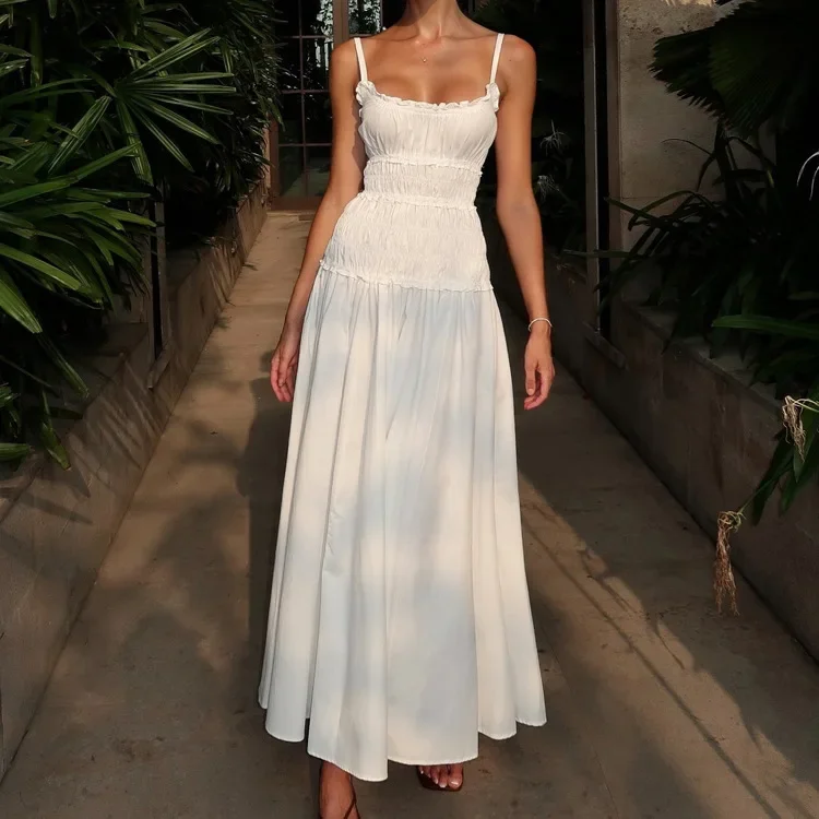 

2025 New White Pleated High Waist One Shoulder Neck Sleeveless Spaghetti Strap Dress Women Summer Fresh Elegant Demeanor