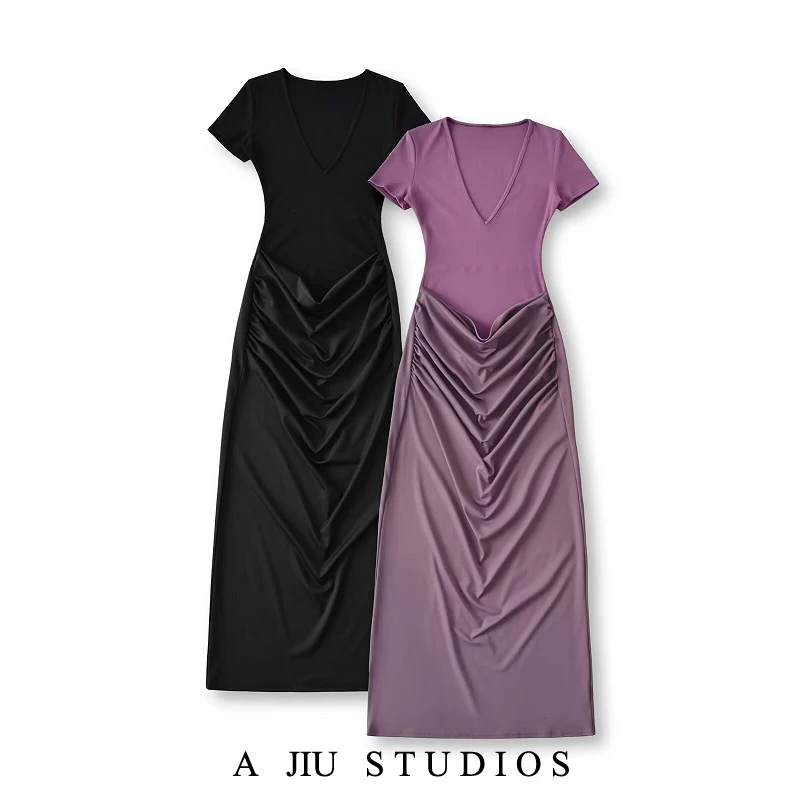 

Ele Slim Fit ort Sve Deep V Ne Pure Desire Sle Women's Dr Elastic Waist Long Summer Dr Folded Design
