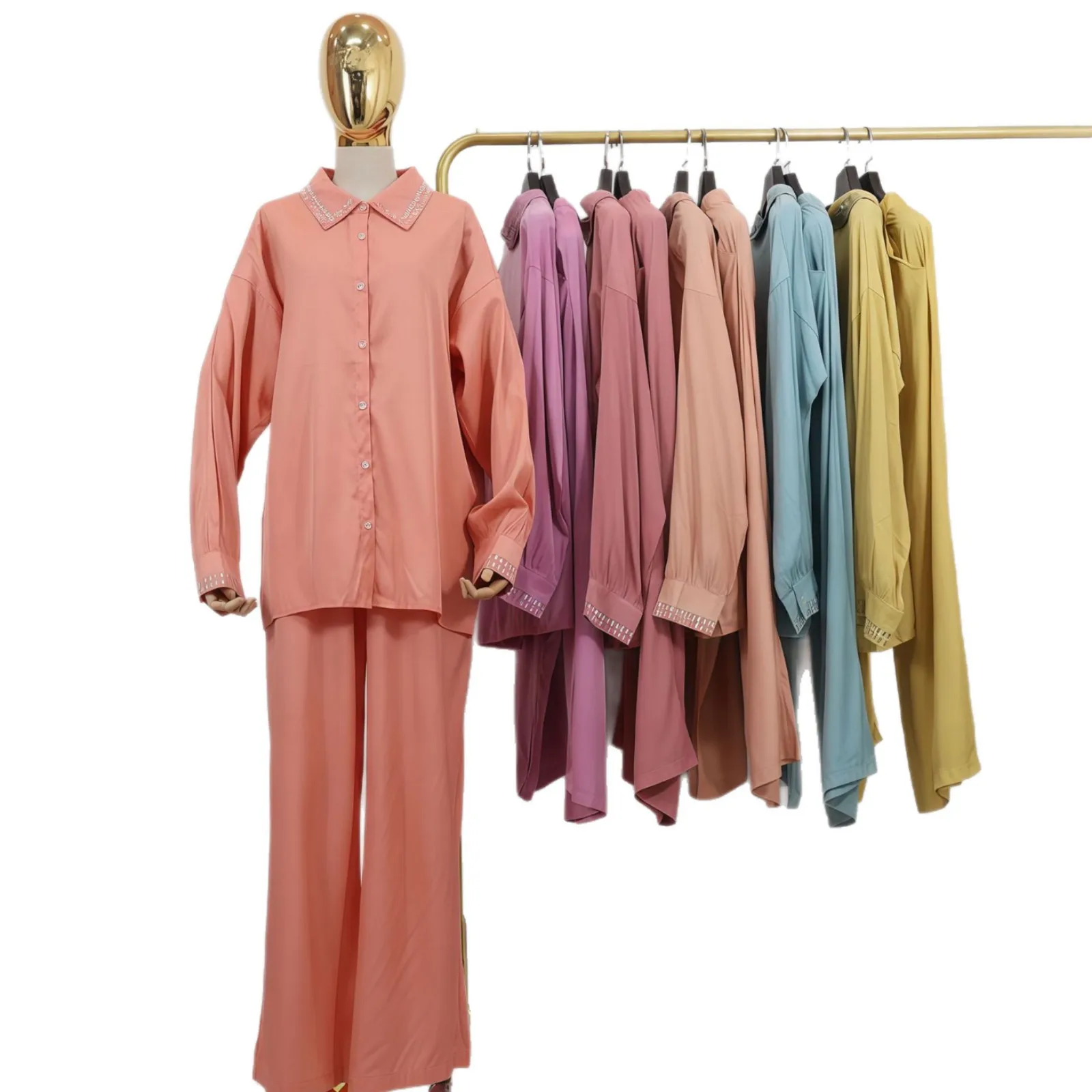 

Дубай Мусульманские женские комплекты из двух предметов, рубашка на пуговицах, брюки, костюмы, топы, скромные мусульманские ансамбли, кафтан, исламский арабский кафтан, наряды