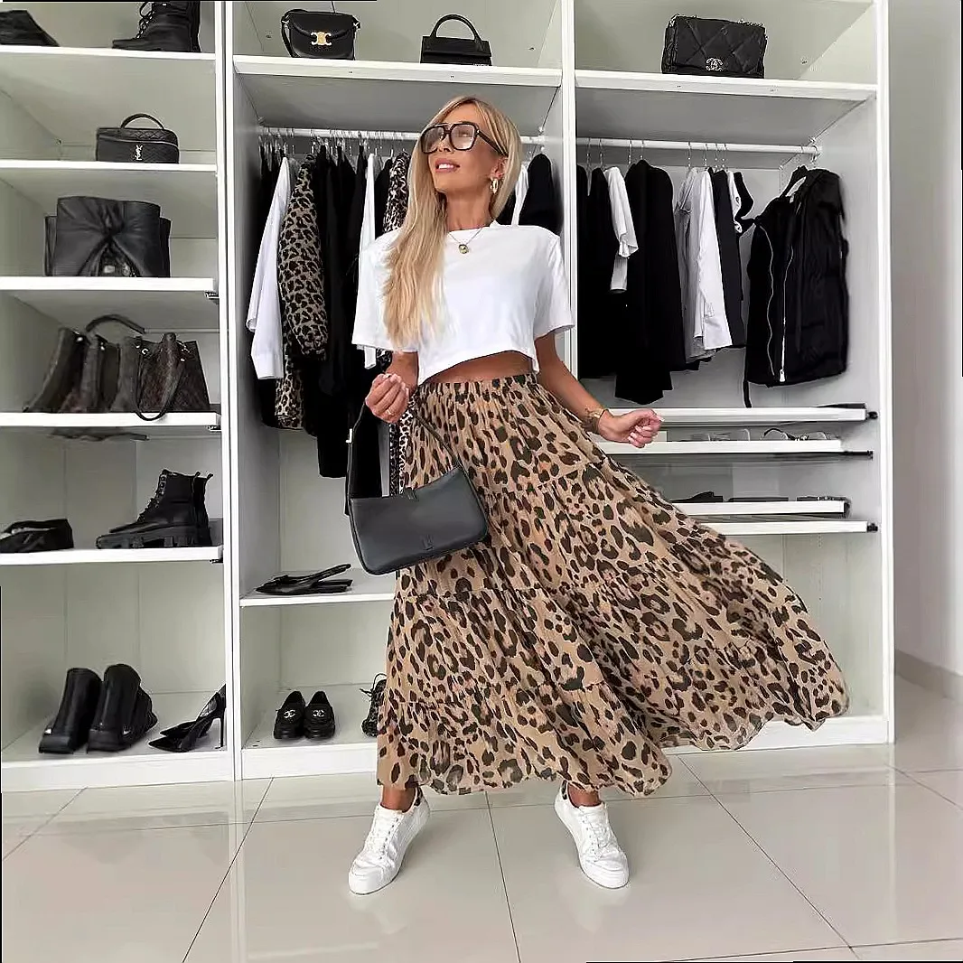 Leopard Print Skirt Midi Skirt A-line Flared Skirt Spring Summer Matching Sets