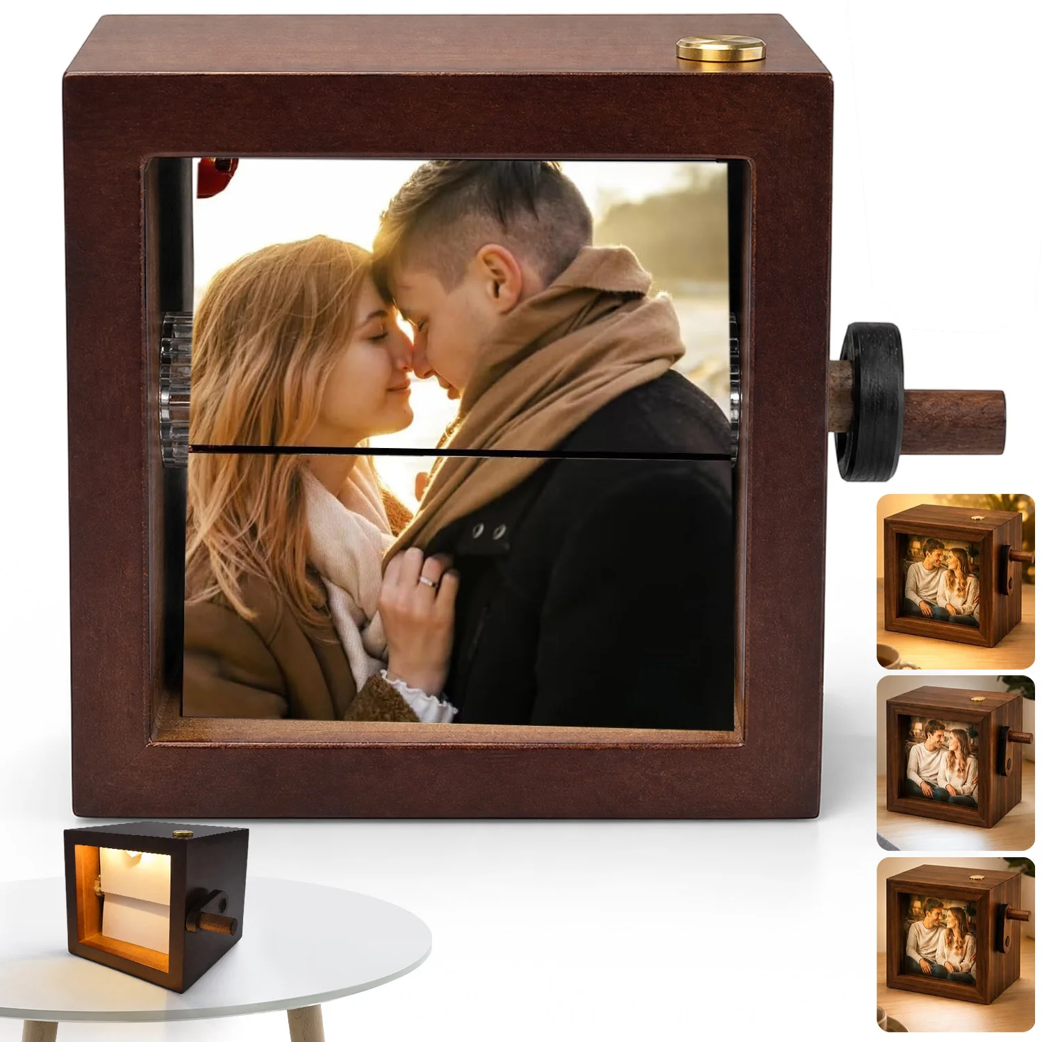 Mini-Holz-Flipbook-Rahmen, individuelles mechanisches Fotoalbum mit Handkurbel, personalisiertes Bild-Flipbook für Paare/Frauen