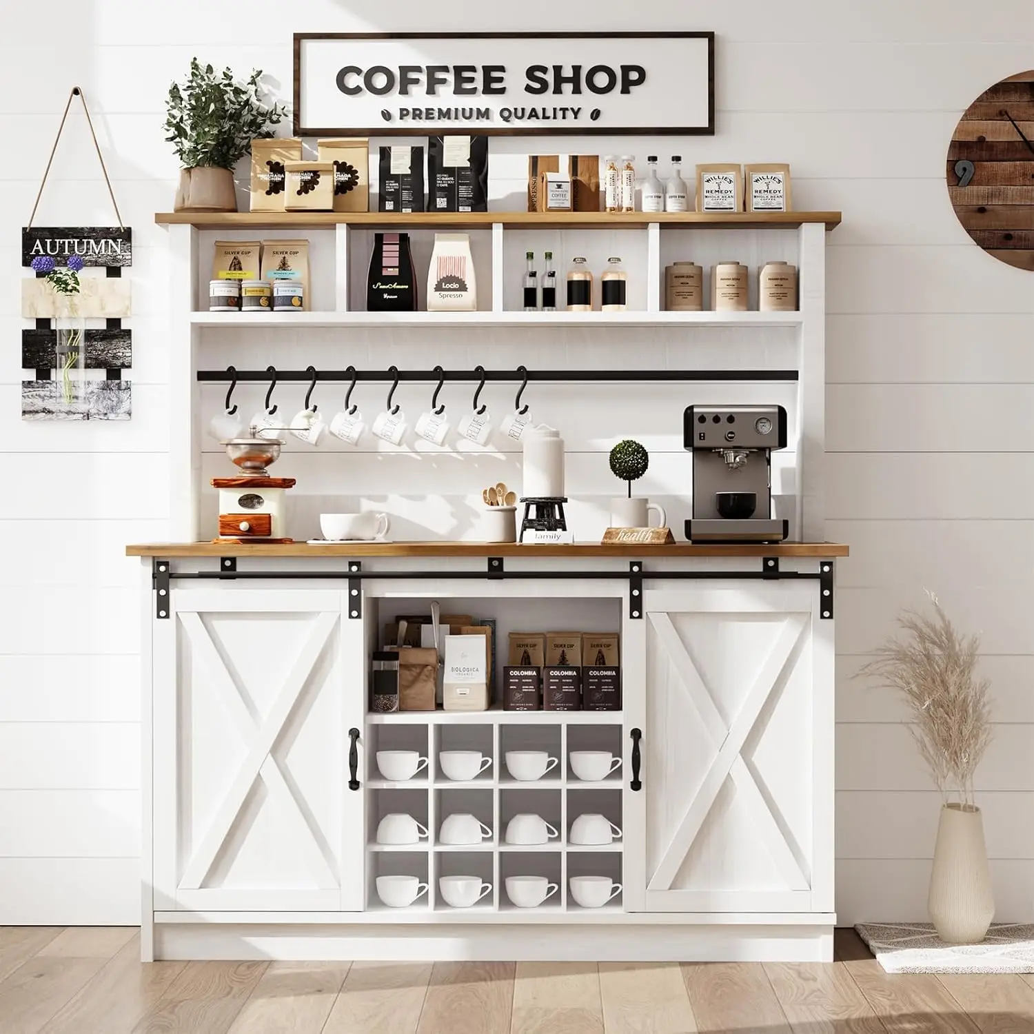 

Farmhouse Coffee Bar Hutch 55in Wine Rack 12 Slots 8 Hooks Barn Door Kitchen Dining White, Customized