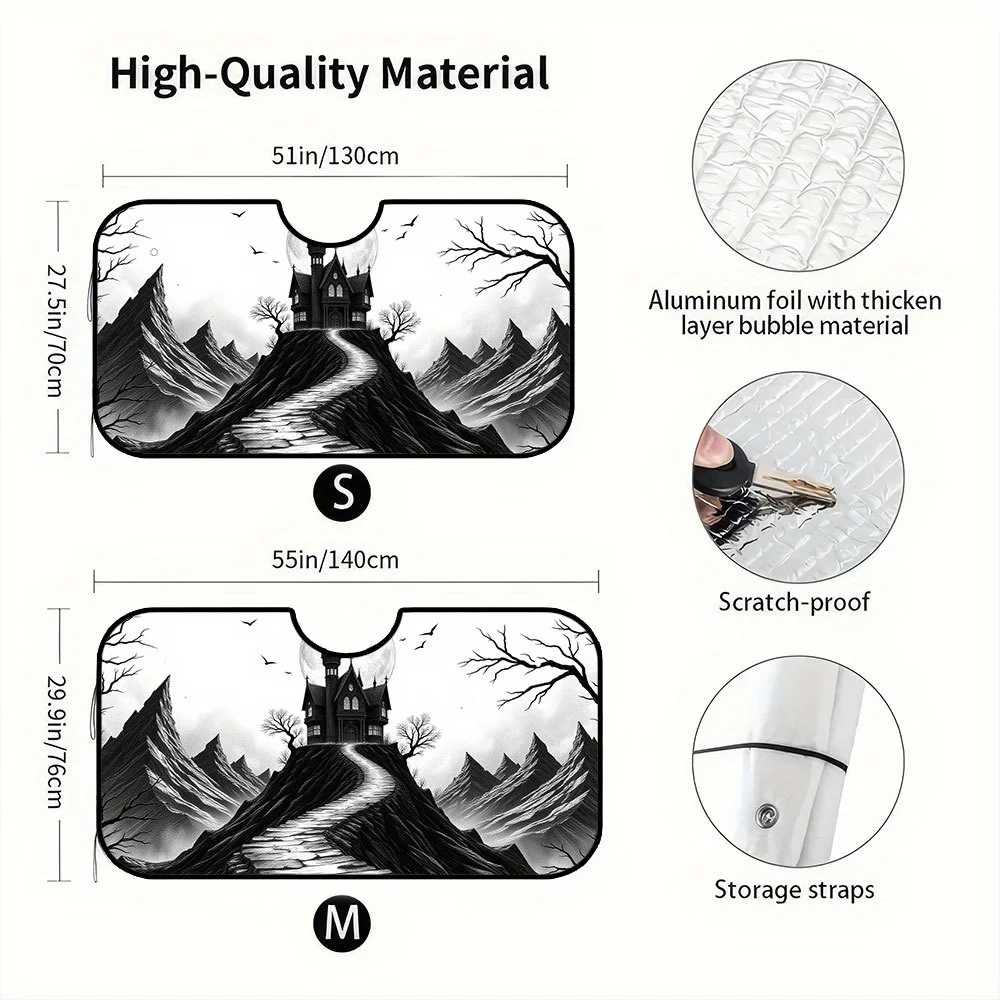 1pc, Foldable Front Windshield Sunshade For Cars With Detailed Halloween Design Black White Gothic House Moon Art Printed For Se