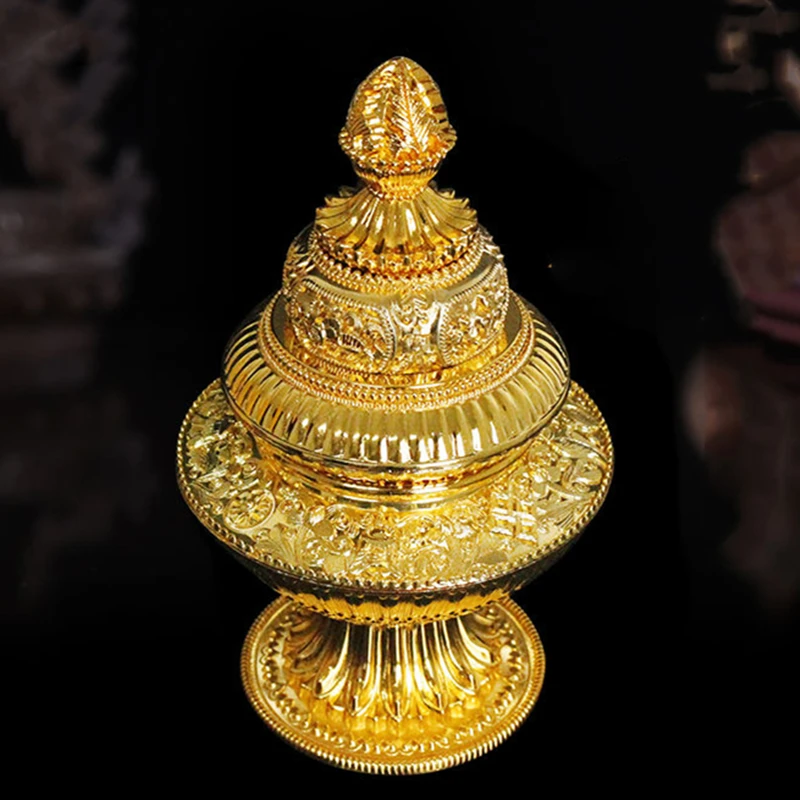 

Gold Buddhist Furnishing Rice Box Three layers Tantric Alloy Handicraft Tibetan Tribute Buddhism Home Gift Collection Decorative