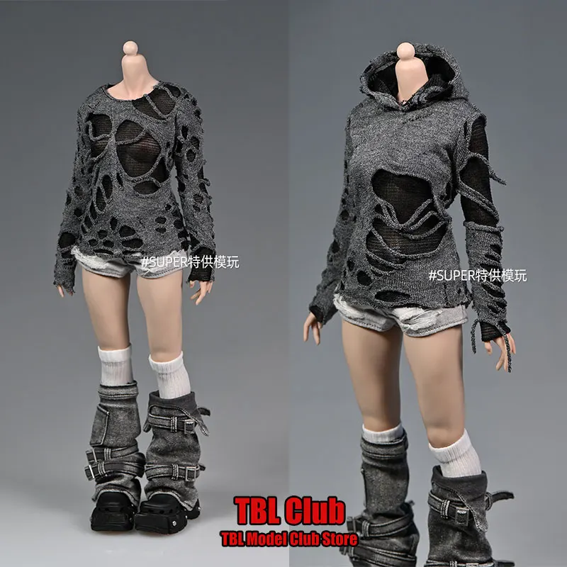 Em estoque escala 1/6 soldado feminino hip hop estilo Wasteland preto cinza rasgado pulôver para boneca de figura de ação de 12 polegadas