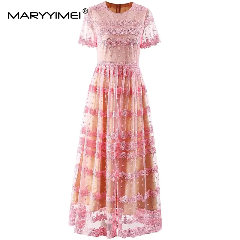 

MARYYIMEI New Fashion Runway Designer Women's Round Neck Short Sleeve Tulle Embroidery Water Soluble Flower Closed Waist Dress