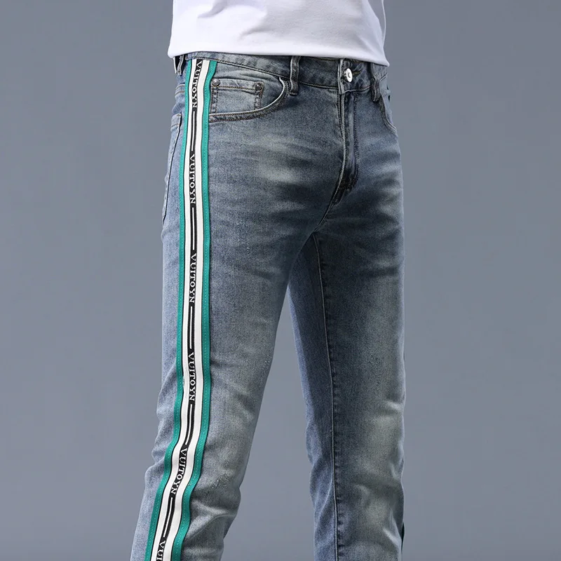 Jeans slim fit estampado listrado masculino, calça luxuosa leve, elástica, design de moda verão, 2024