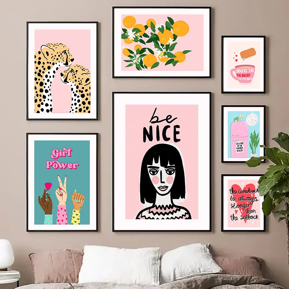 Girl Power Be Nice Wall Art Mural Floral Crown Cheetah Print Canvas Painting Feminism Nordic Poster Pictures Living Room Decor