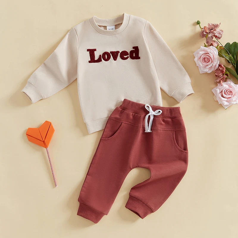 Valentijnsdagoutfits voor babyjongens met lange mouwen en letterborduurwerk Sweatshirt Broek Set Peuterkleding