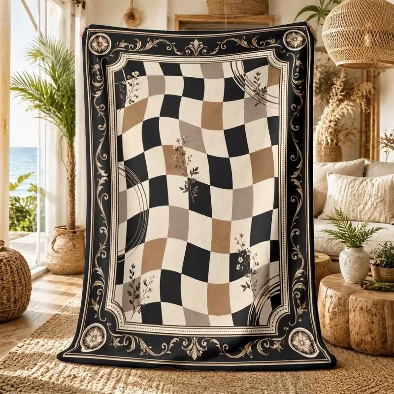 Retro Checkered Plaid Throw Blanket Vintage Ornament Border Soft Cozy Warm Blanket for Sofa Bed Room Daily Use