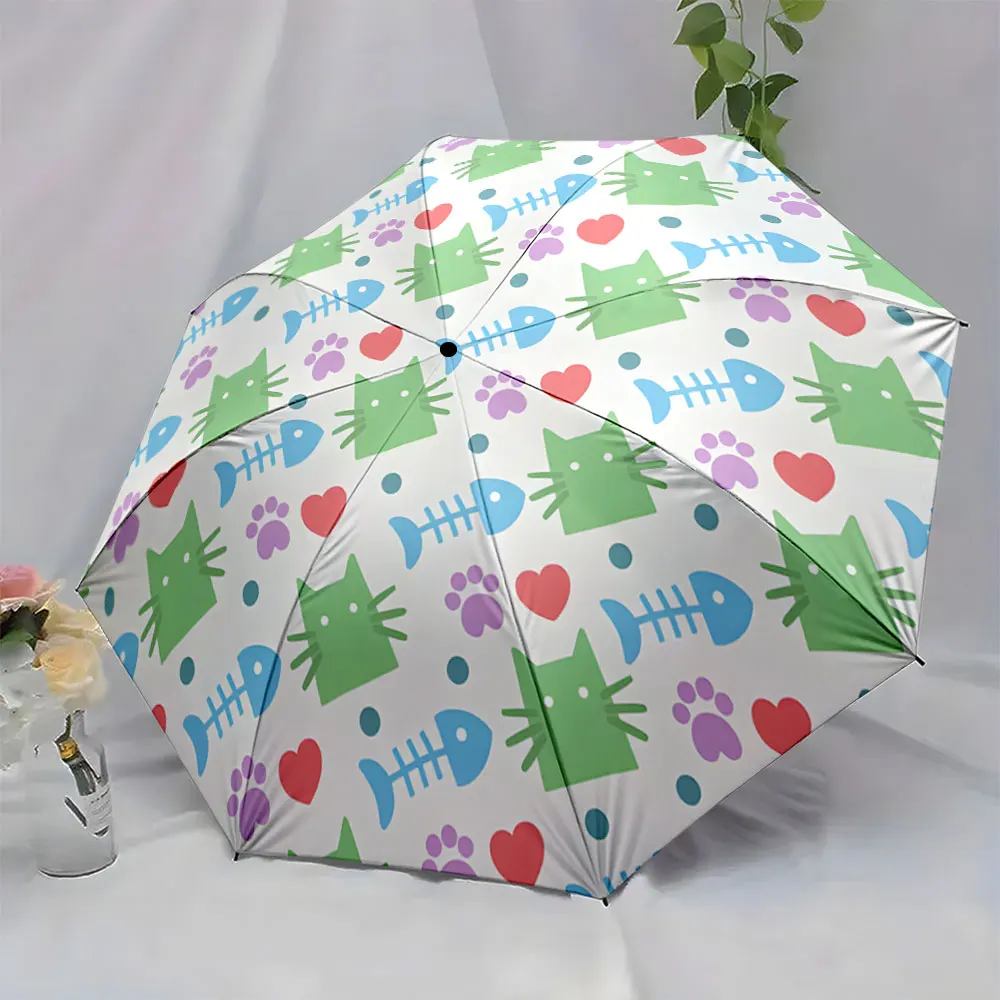 1PC Colorful Cat and Fishbone Pattern Umbrella Print 8 Iron Ribs Folding Umbrella Auto-Open Fashion Sunshade
