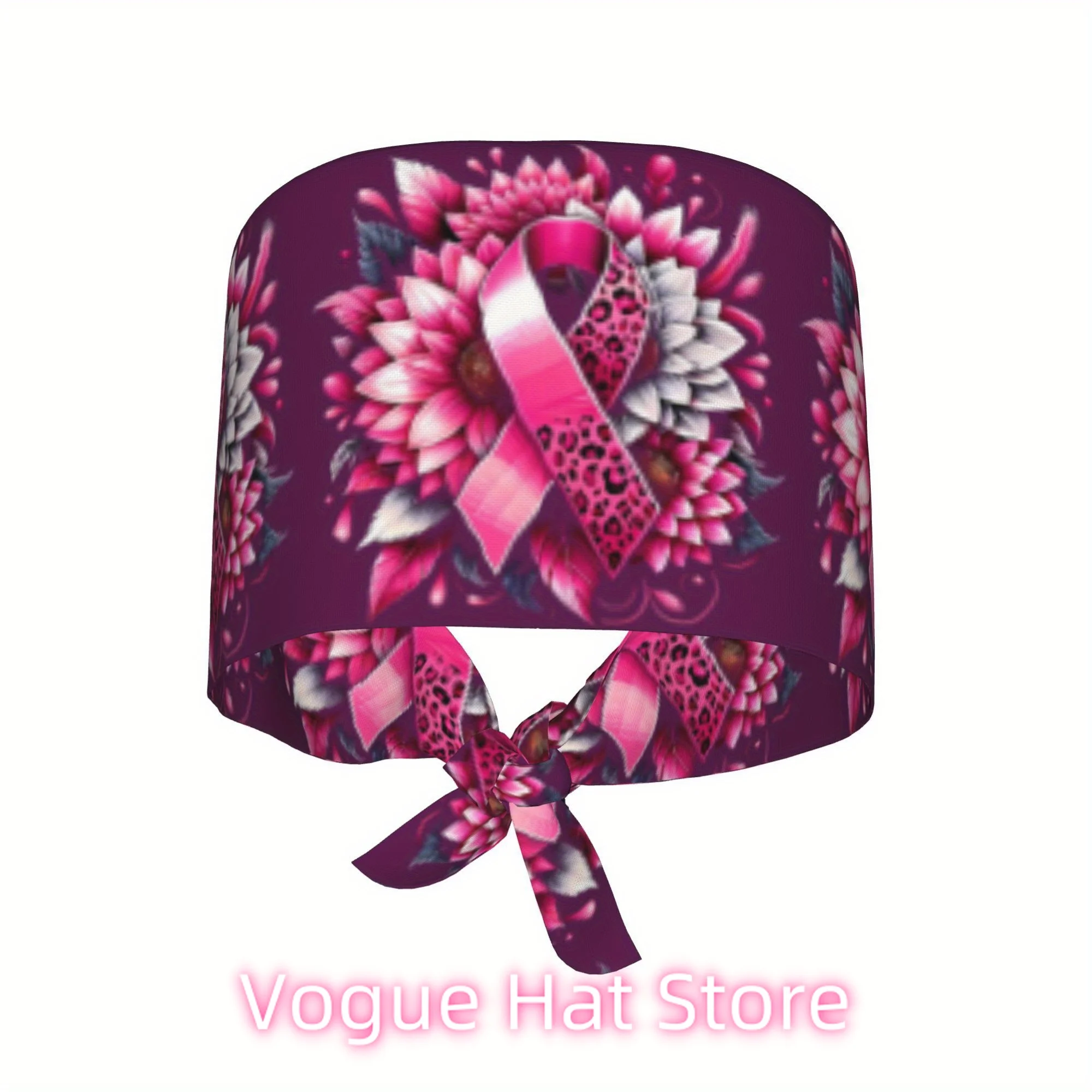 Women's Breast Cancer Awareness Work Cap - Pink Ribbon Design with White Daisies & Bow, Lightweight Medical Cap for Nurs