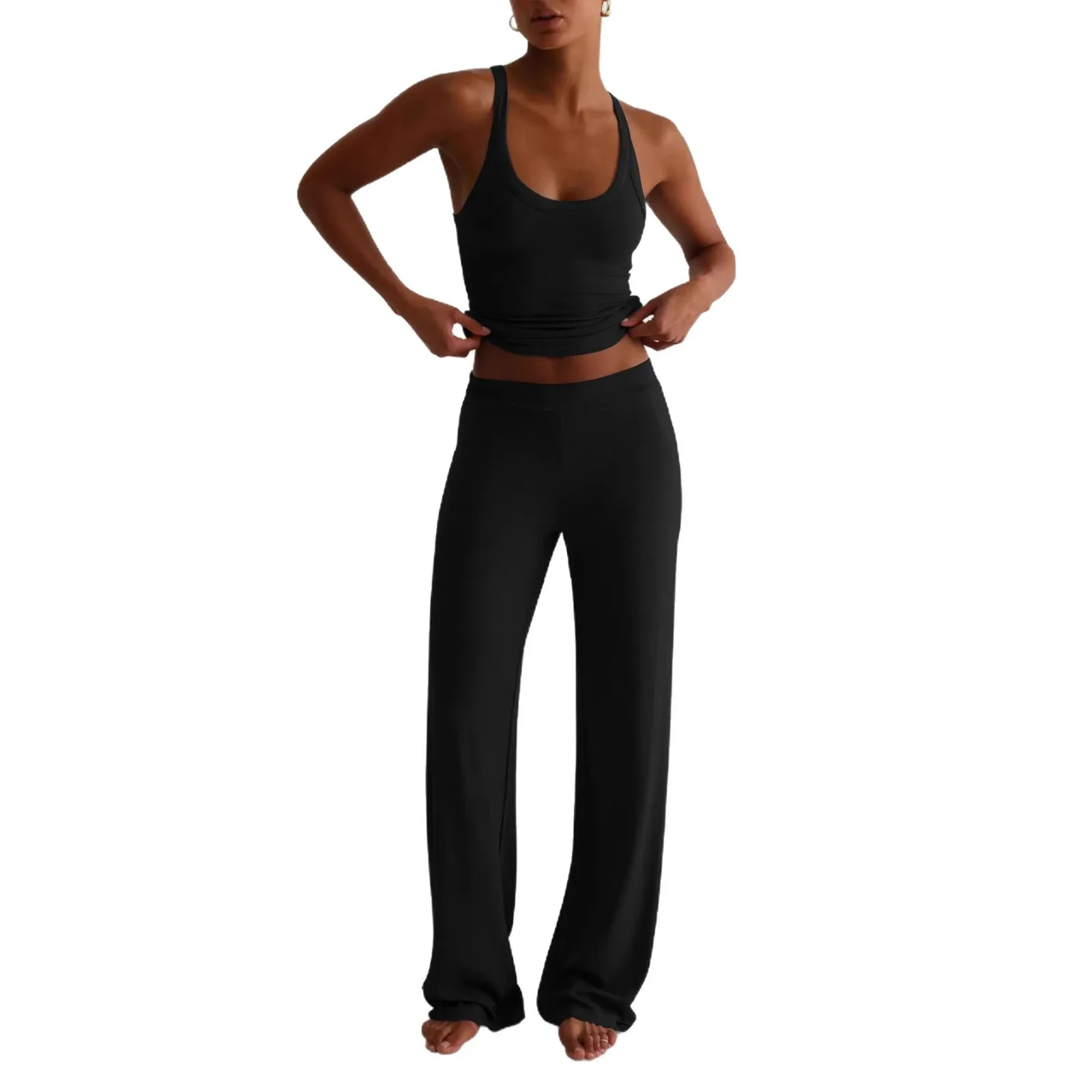 Spring Summer Women's Clothing Sporty Sleeveless Tank Top Wide Leg Pants Set For Woman Viscose Polyester Blend Solid Color view 5