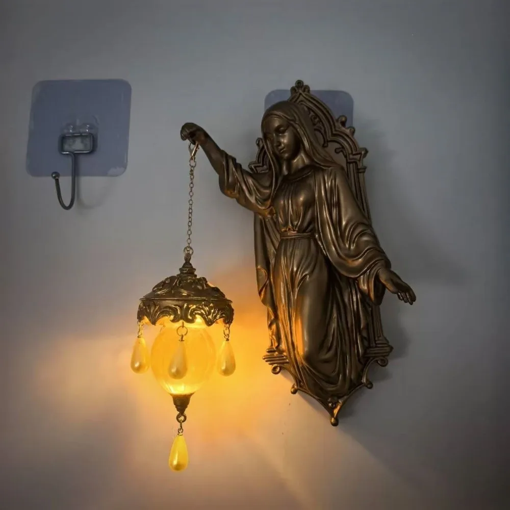 Vintage Religious Figure Led Wall Lamp Church Style Crystal Pendant Jesus Mary Wall Sconce Soft Light Resin