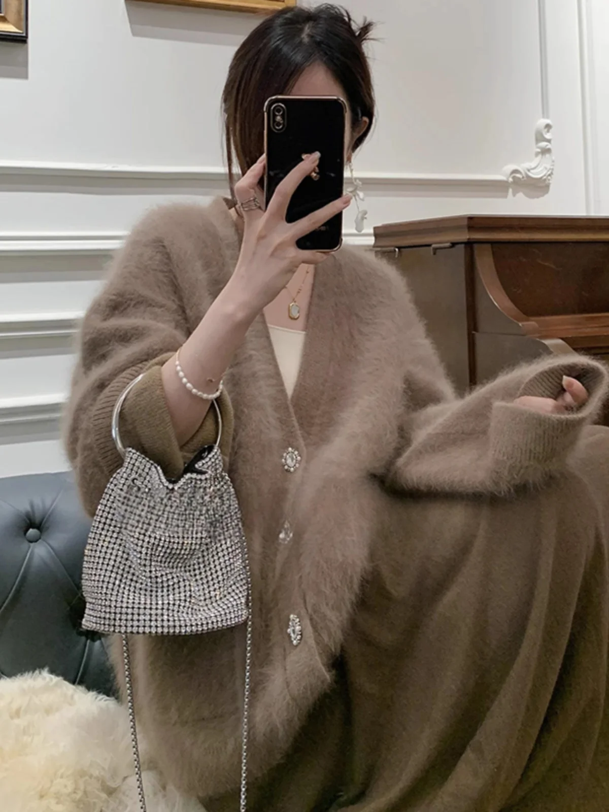 French Retro Women Black Elegant Button Cardigan Knitted Tops Autumn Winter Fashion Brown V-neck Office Lady Long Sleeve Sweater