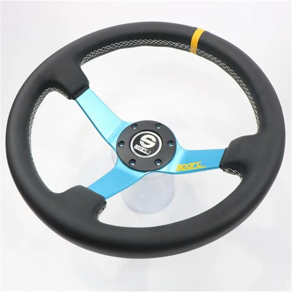 14 inch Leather Car Steering Wheel Universal Deep Concave Blue Frame Racing Sports Steering Wheel