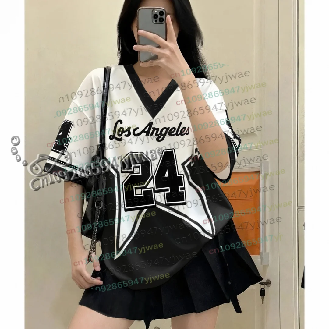 Color Blocking Los Angeles No.24 V-Neck Short Sleeve T-Shirt Summer Graphic Tee Baseball Jersey Plus Size Women Men's Clothing