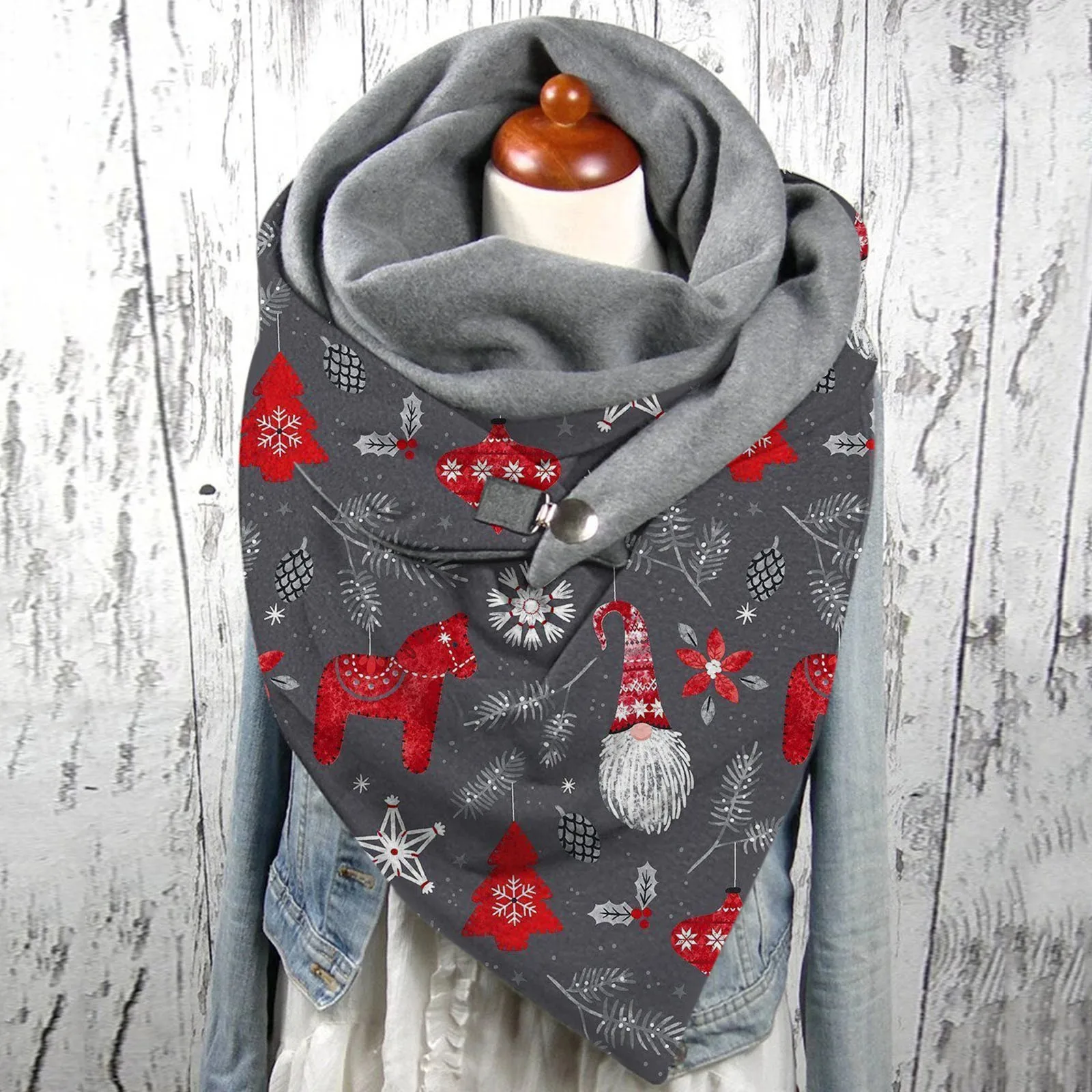 Female Casual Warm Scarves Shawl Fashion Women Snowflake Print Scarf Hijabs New Year Femme Red Scarf Wrap Button Scarf Christmas