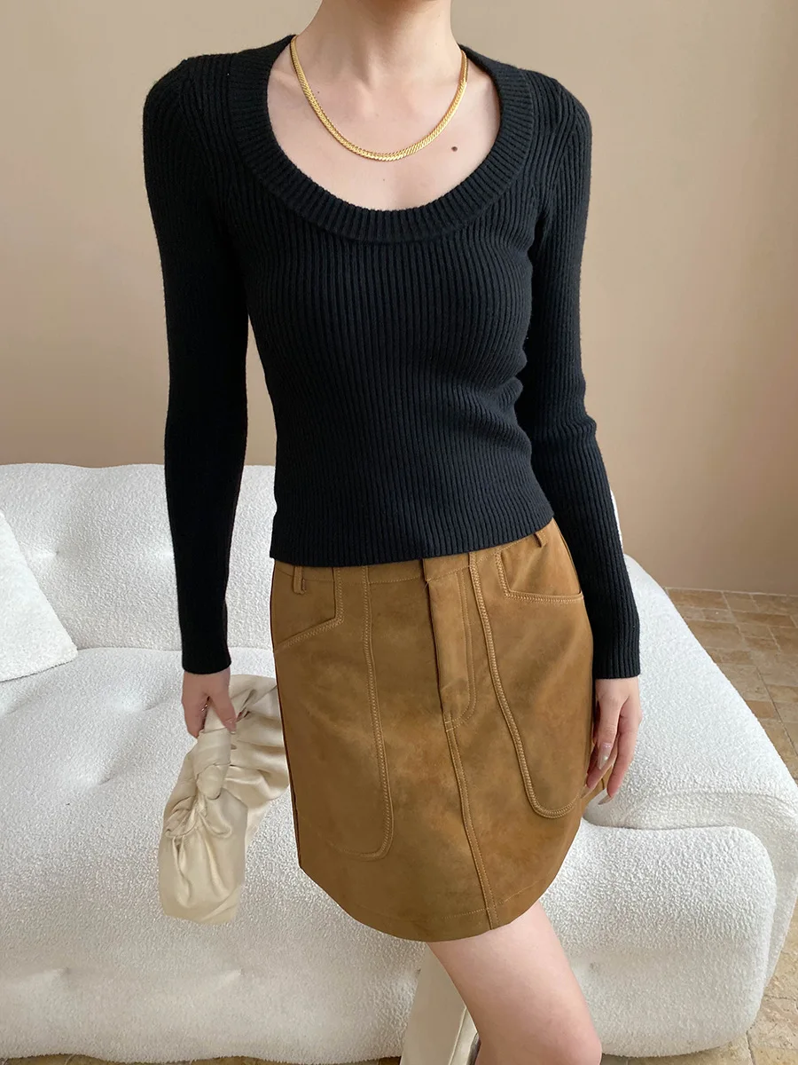 

Early autumn new fashionable French round neck slim fit and slimming pit stripe knitted base shirt