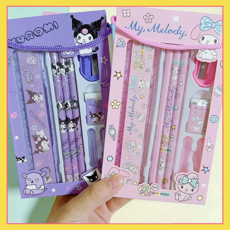 

New Sanrio Stationery Set Kuromi Elementary School Learning Stationery 61 Gift Pencil Ruler Stationery Gift Box