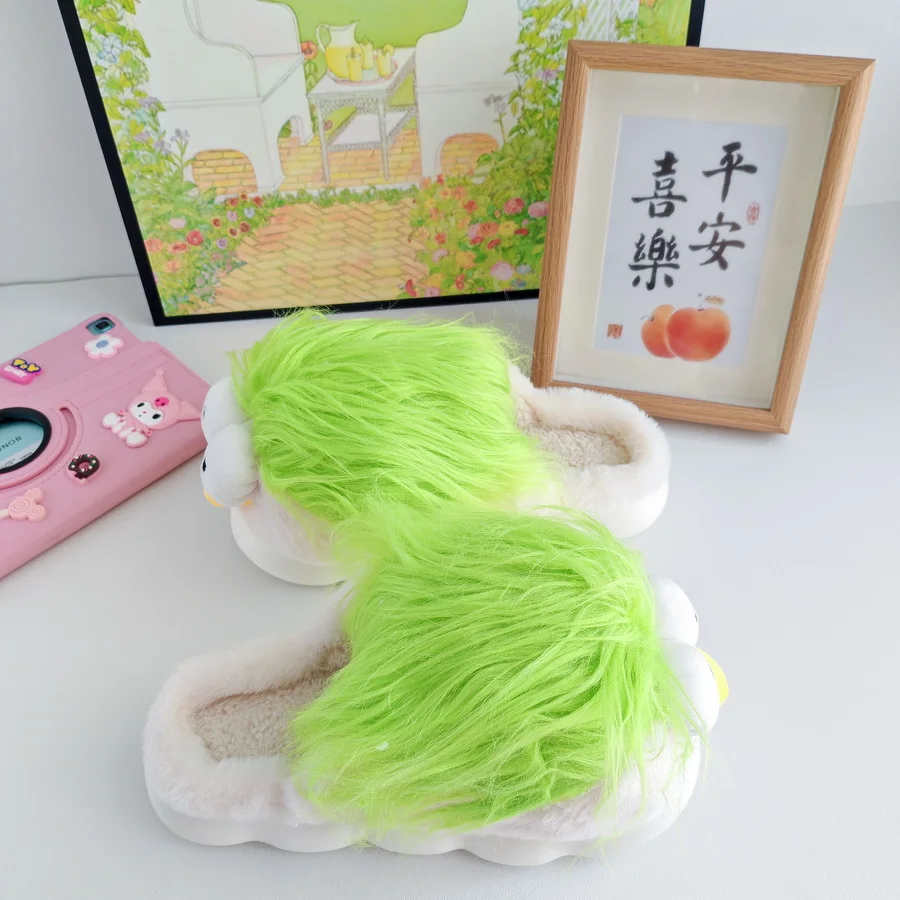 New personality fluffy DIY slippers woman funny bird designer home shoes women\'s novelty fur slides ugly-making cosplay shoes