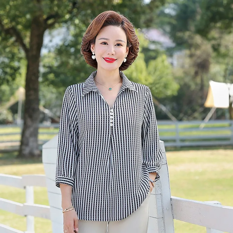 2024 Female Clothing Fashion Turn-down Collar Striped Printed Blouse Korean Vintage Commute Casual Button Shirt Tops Plus size